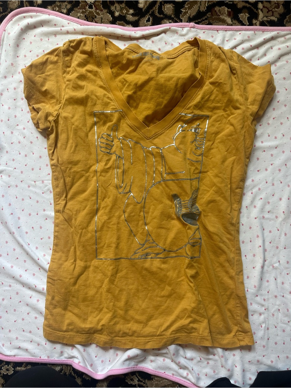 True Religion Mustard Yellow V-Neck Graphic Tee